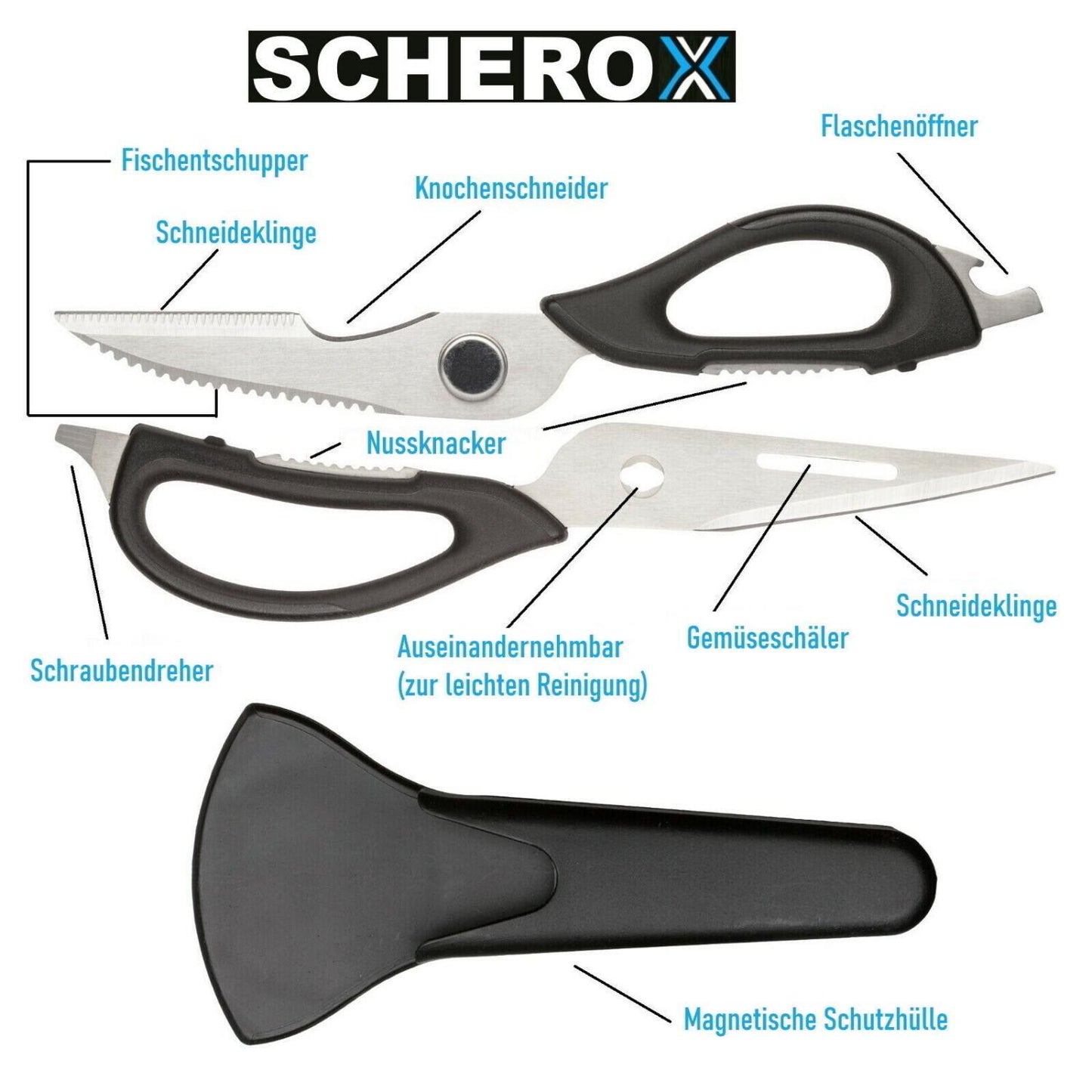 SCHEROX Multifunktionale Küchenschere Haushaltsschere Allzweckschere Edelstahl