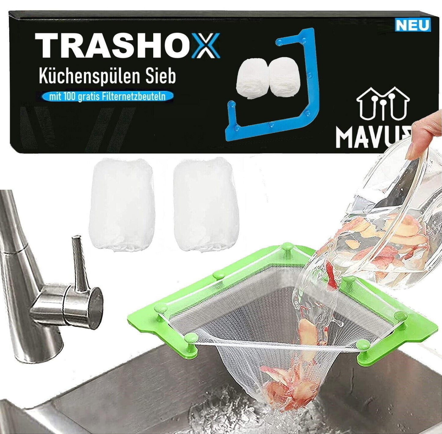 TRASHOX Küchenspülen Sieb Spülbecken Filter Korb Abflusssieb inkl.100 Filterbags