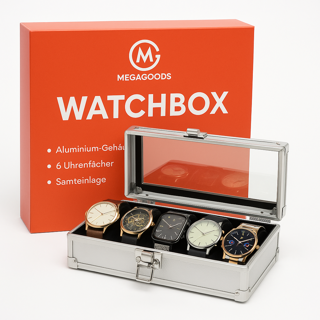 Aluminium Uhrenbox 6 Fächer Aufbewahrung Schmuck Display DE.