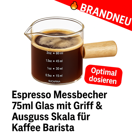 Espresso Messbecher 75ml Glas mit Griff & Ausguss Skala für Kaffee Barista