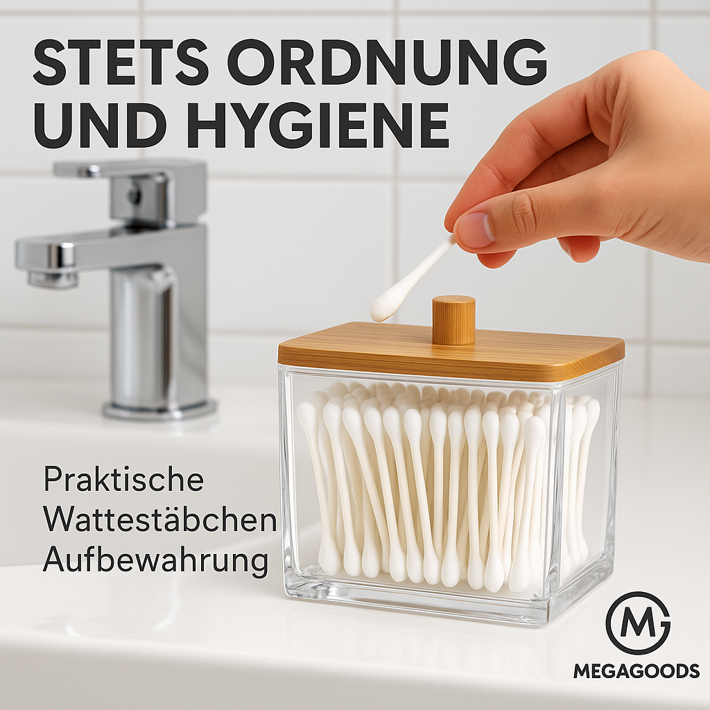 Wattestäbchen Halter mit Bambusdeckel Bad Aufbewahrung klar DE.