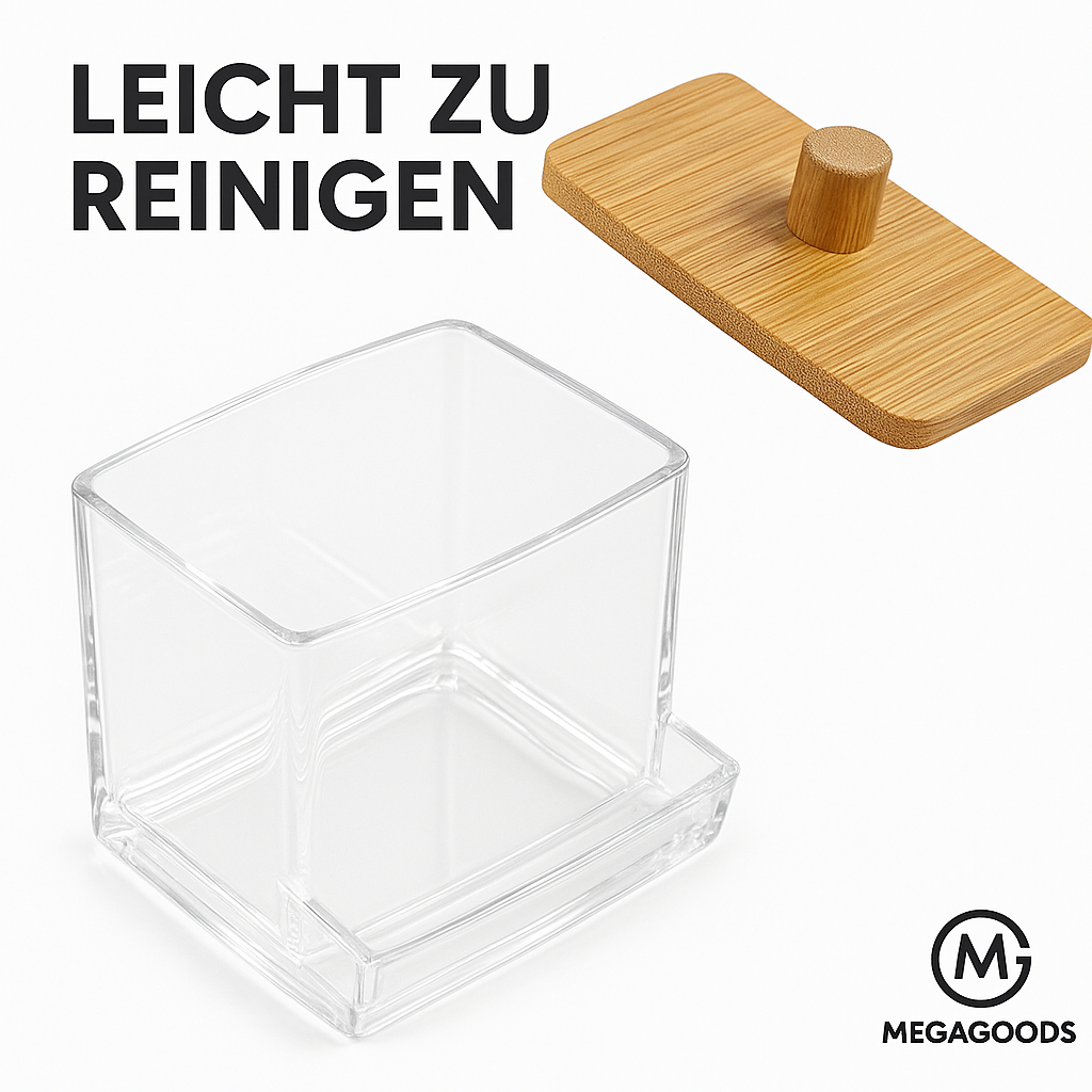 Wattestäbchen Halter mit Bambusdeckel Bad Aufbewahrung klar DE.