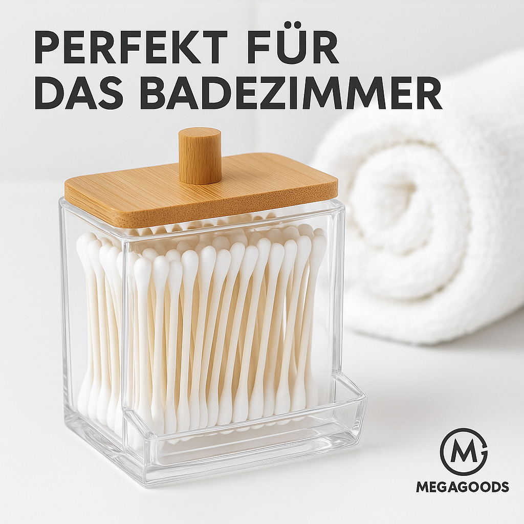 Wattestäbchen Halter mit Bambusdeckel Bad Aufbewahrung klar DE.