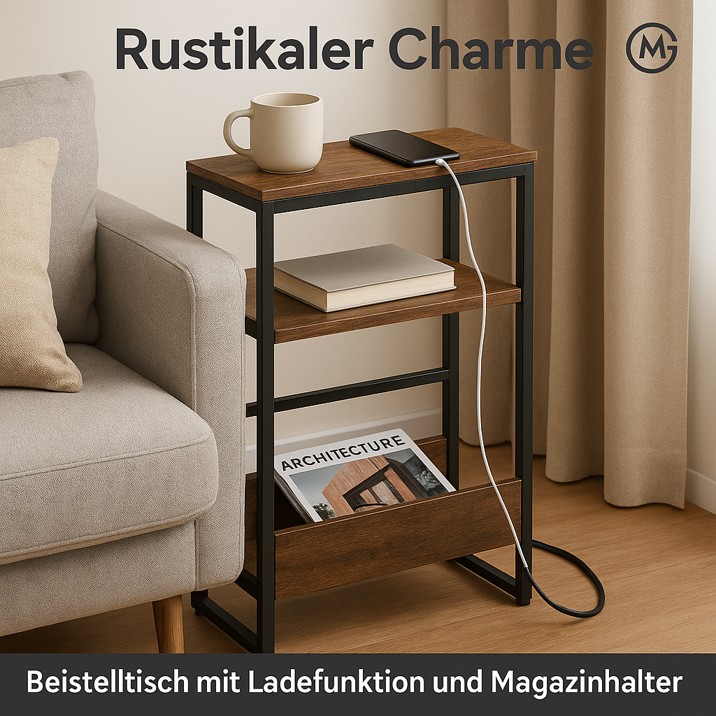 Beistelltisch schmal mit Ladefunktion 3 Ablagen Magazinhalter DE.