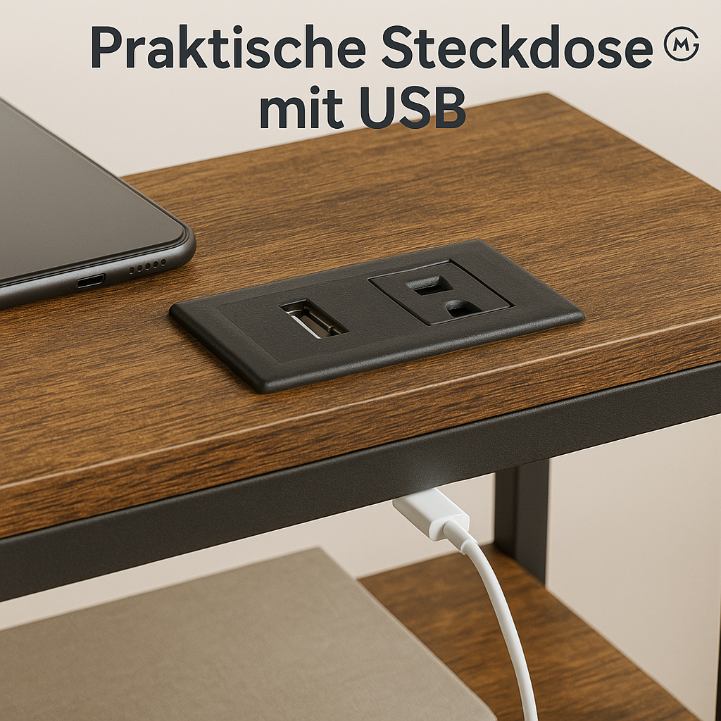Beistelltisch schmal mit Ladefunktion 3 Ablagen Magazinhalter DE.