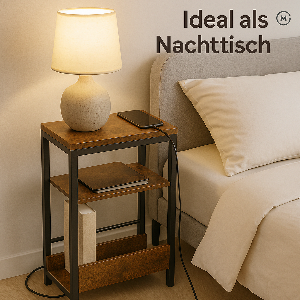 Beistelltisch schmal mit Ladefunktion 3 Ablagen Magazinhalter DE.