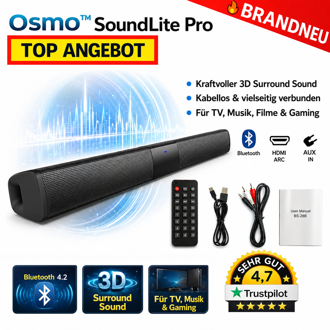 Osmo™ SoundLite Pro Soundbar 5.3 Lautsprecher Bluetooth Heimkino TV Soundsystem