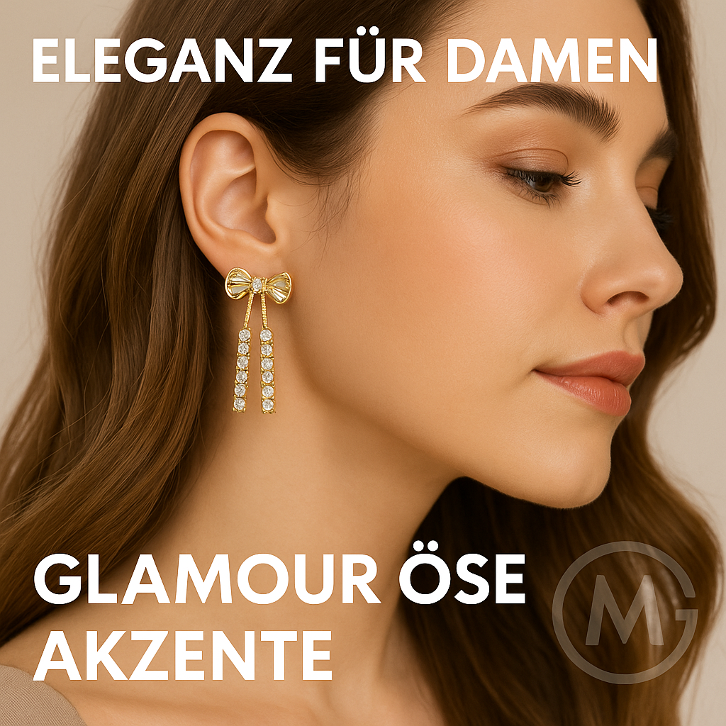 Goldene Ohrstecker Schleife Strass Elegant Lang Ohrringe Damen DE.
