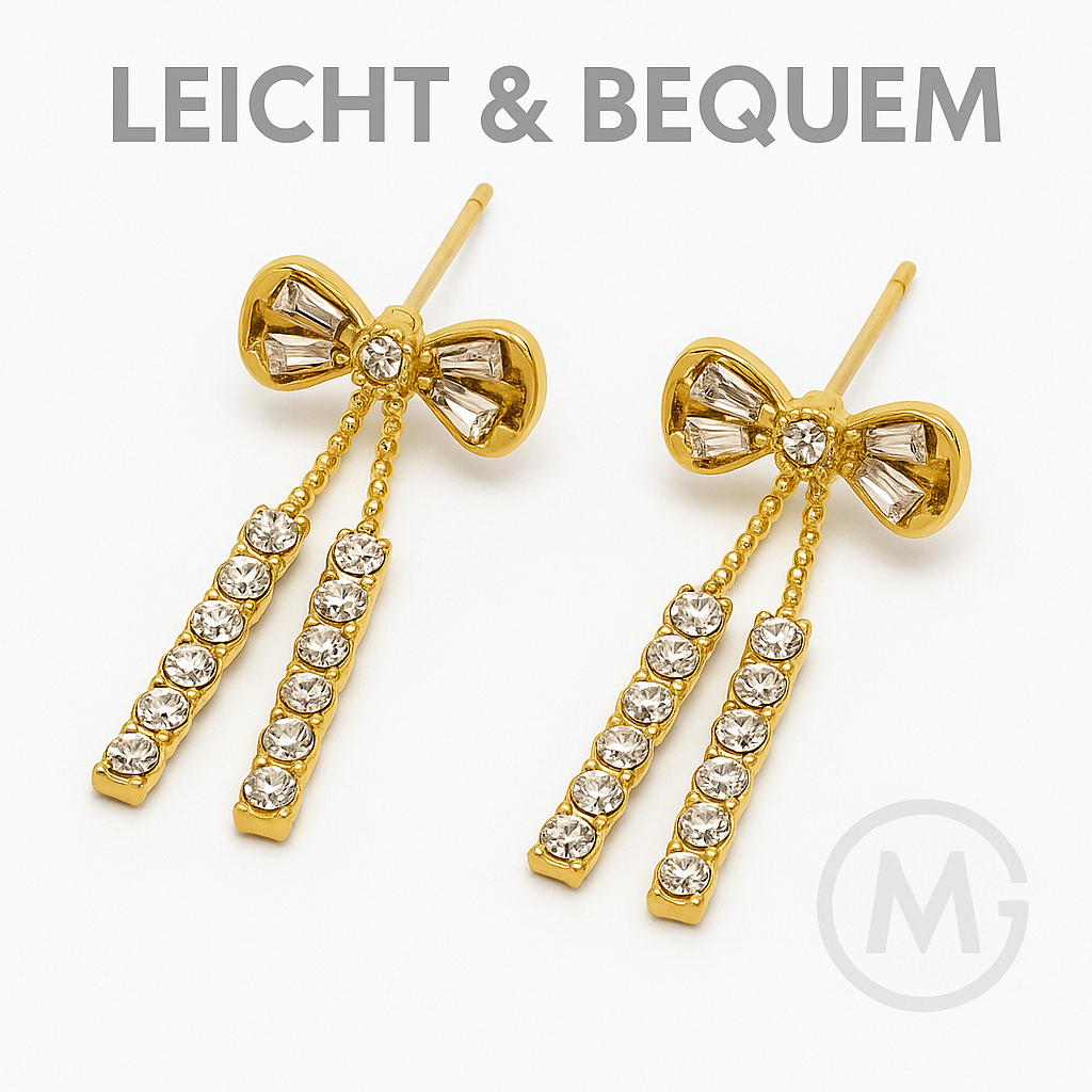 Goldene Ohrstecker Schleife Strass Elegant Lang Ohrringe Damen DE.