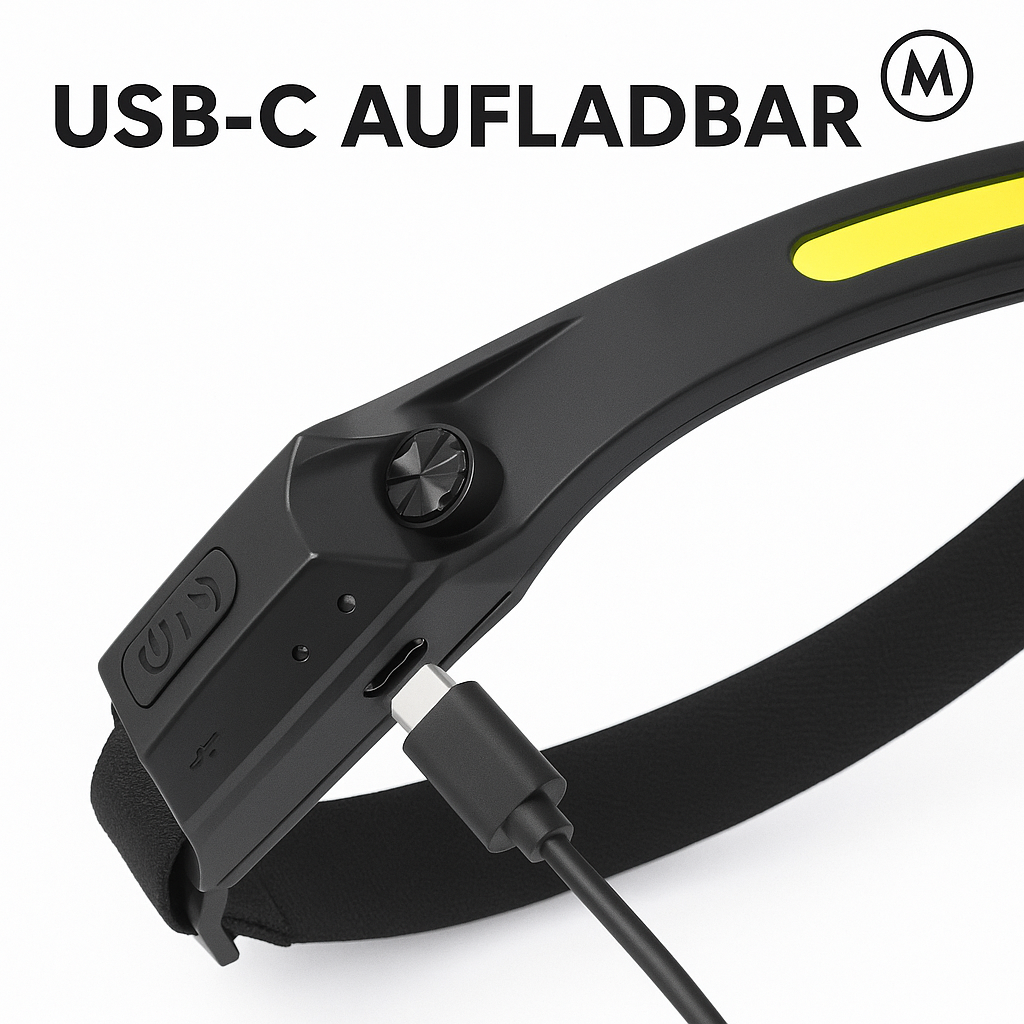 Induktions-Stirnlampe LED USB wiederaufladbar 5 Modi COB Licht DE.