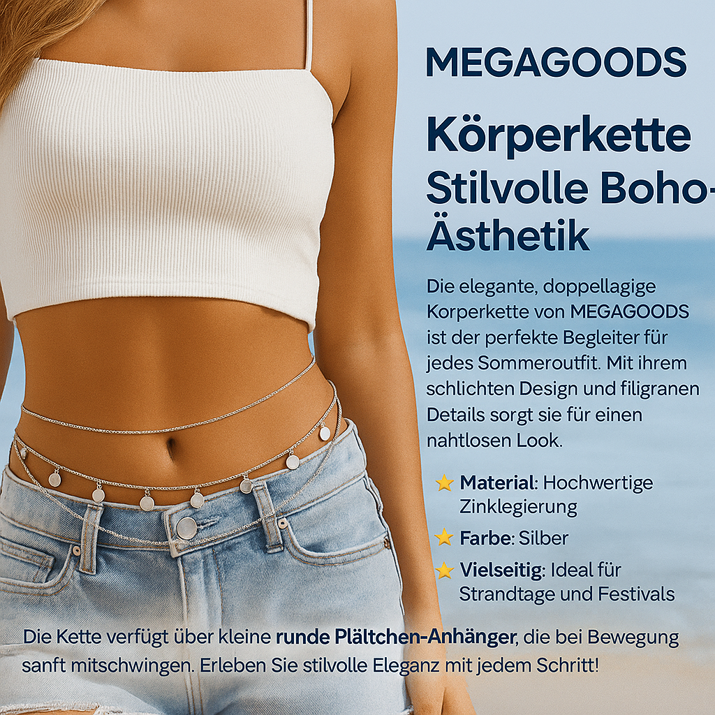 Taillenkette Silber Boho doppellagig mit Münzanhänger Sommer DE.