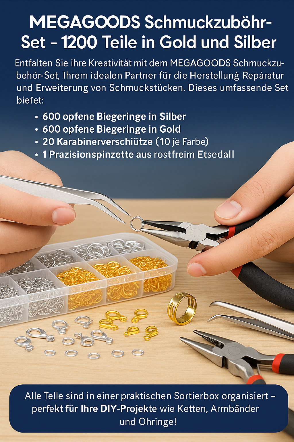 Schmuckzubehör Set 1200-tlg Gold Silber Ringe Karabiner Zange DE.