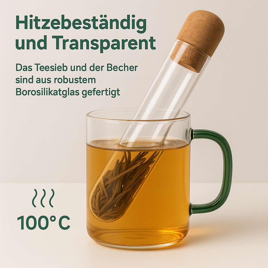 Teesieb Set mit Korkdeckel hitzebeständig transparent DE.