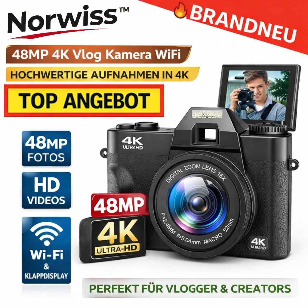 Norwiss™ Digitalkamera 48MP 4K Vlog Kamera WiFi 16X Zoom Klappdisplay HD Cam