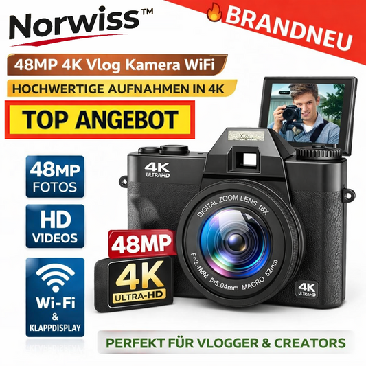 Norwiss™ Digitalkamera 48MP 4K Vlog Kamera WiFi 16X Zoom Klappdisplay HD Cam