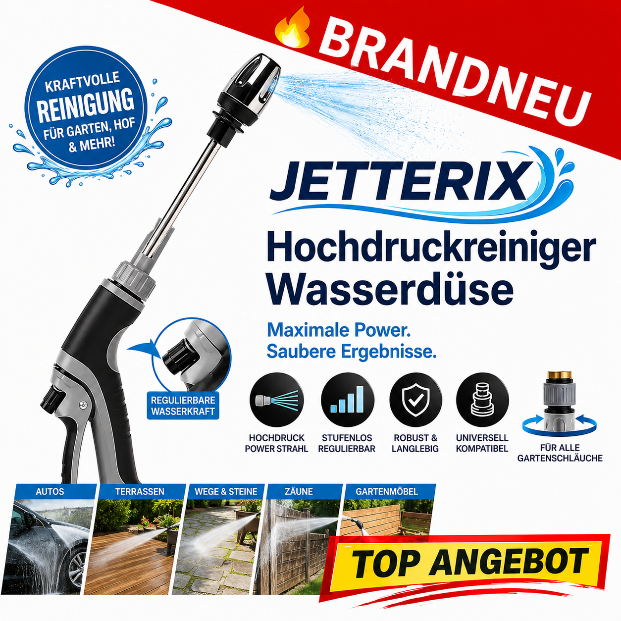 Jetterix™ Hochdruckreiniger Hochdruckpistole Druckdüse für Gartenschlauch