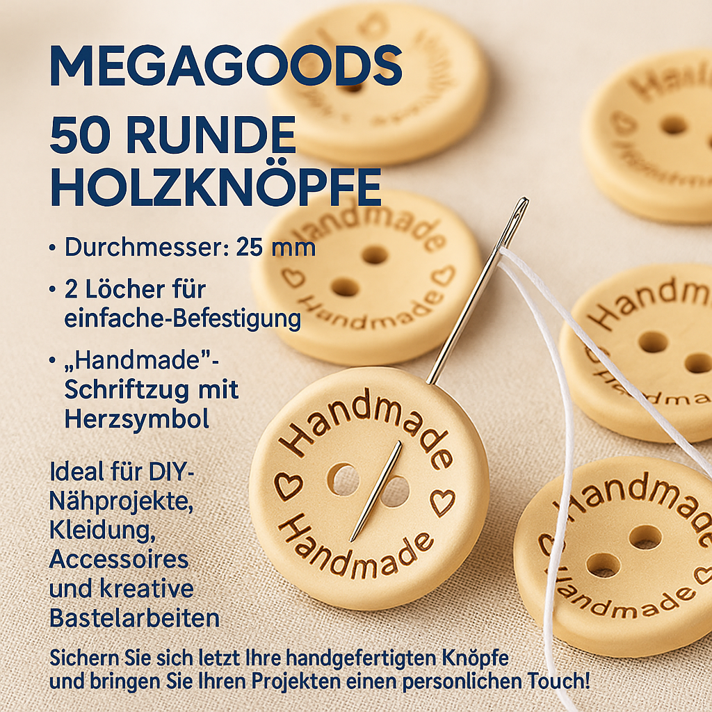 50 Holzknöpfe 25 mm natur 2-Loch für Nähen Basteln Kleidung DE.