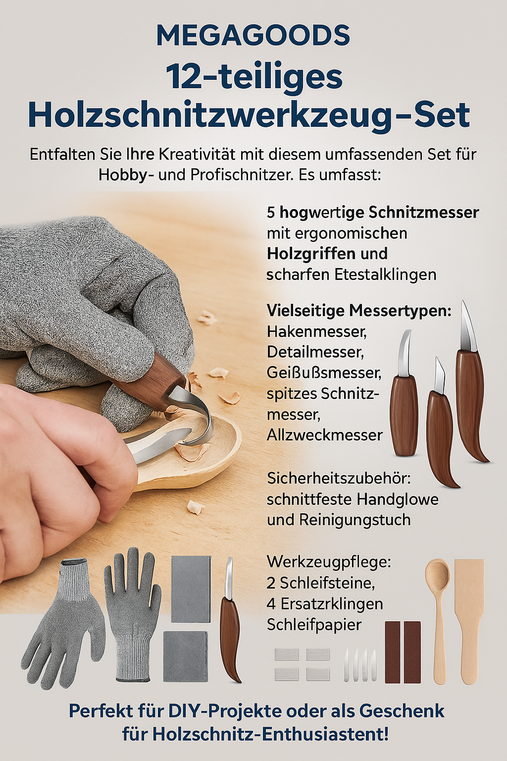 Holzschnitzwerkzeug Set 12-tlg mit Stechbeitel und Schnitzmesser DE.