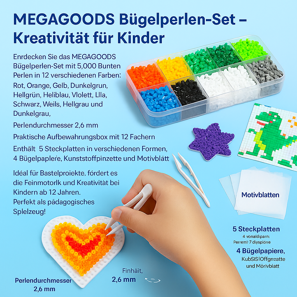 Bügelperlen Set 5000 Stk 2.6mm 10 Farben mit Zubehör DE.