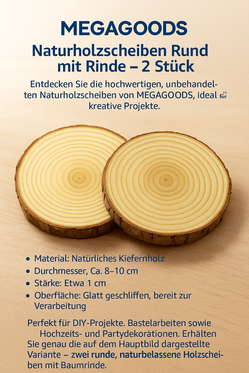 Holzscheiben rund 8–10 cm Ø 1 cm dick mit Rinde 2er-Set Natur DE.