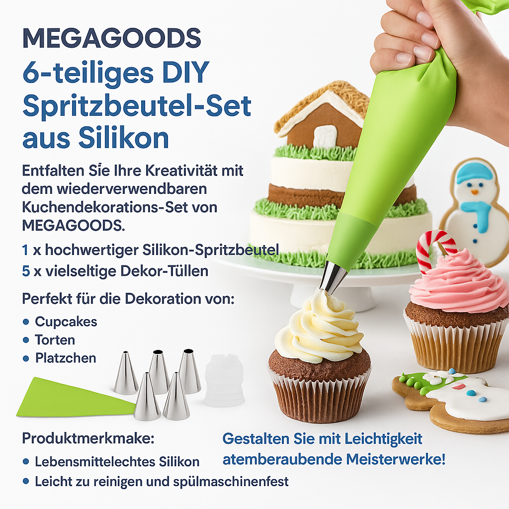 Spritzbeutel Set 6-teilig Silikon Tüllen für Sahne Cupcakes DE.
