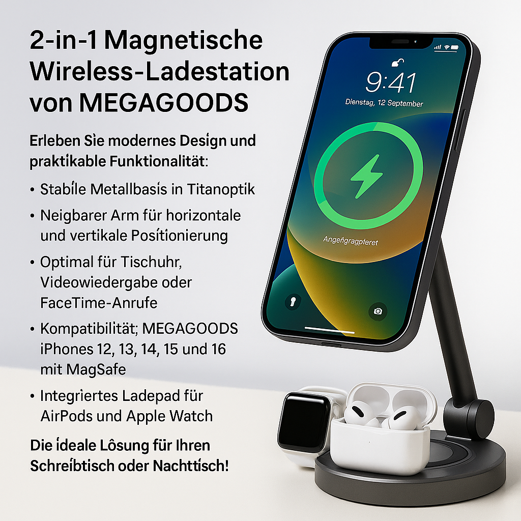 2in1 MagSafe Ladegerät Ladepad Ständer für iPhone 16–12 Watch DE.