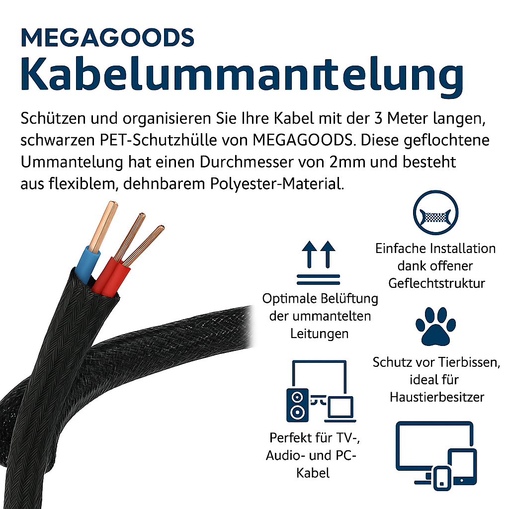 Kabelschlauch Organizer schwarz 3m PET Geflecht 2mm für TV PC etc. DE.