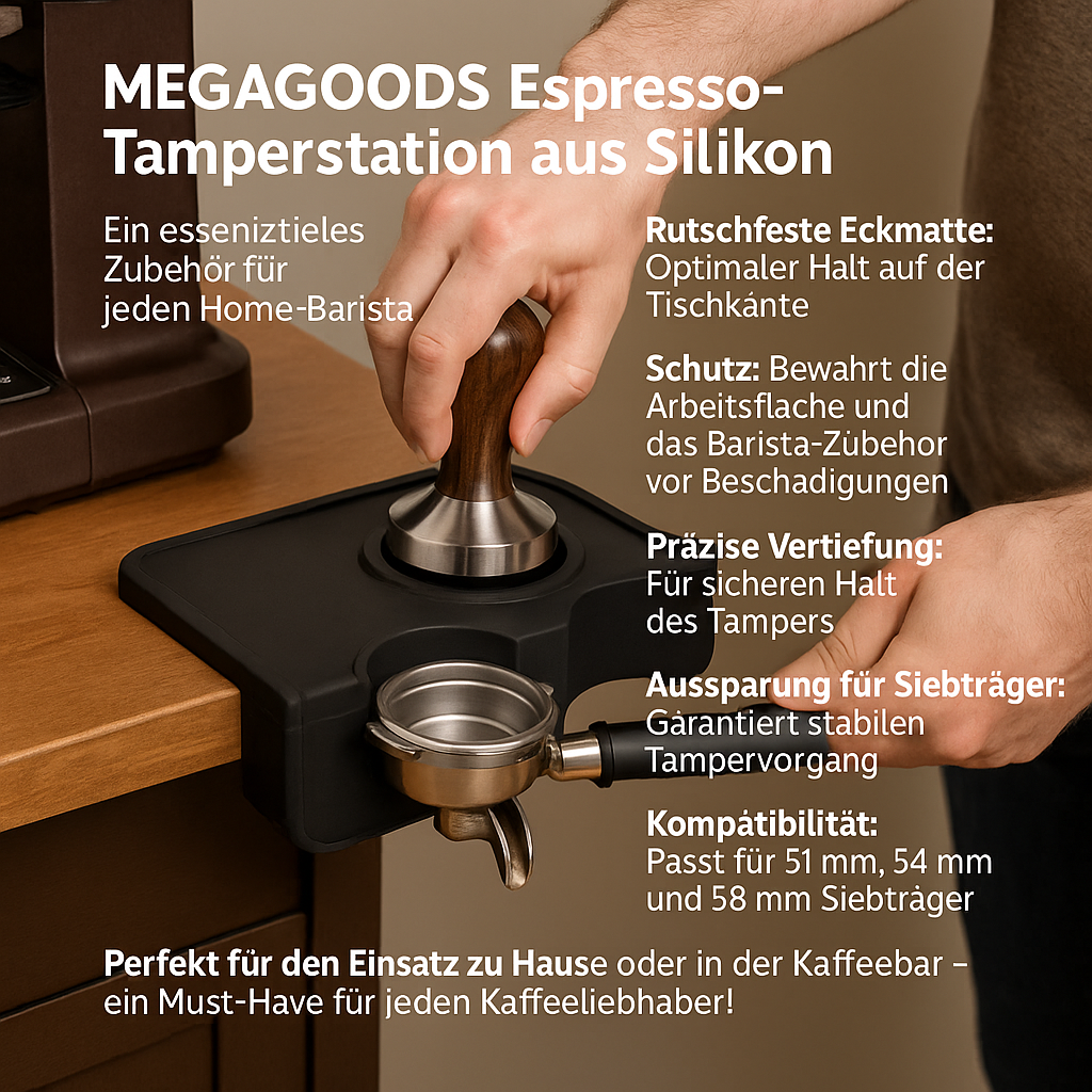 Tampermatte Espresso Silikon rutschfest für 51–58 mm Siebträger DE.