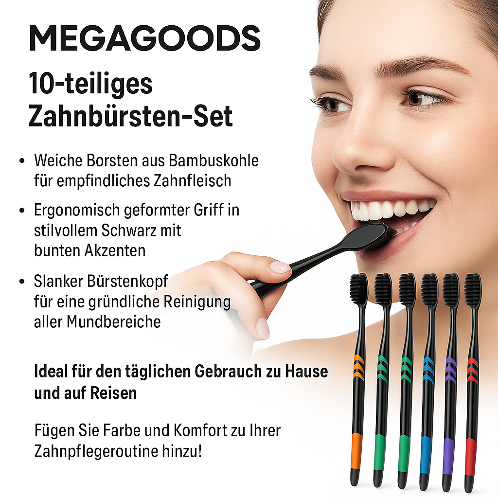 10er Zahnbürsten Set Bambus Aktivkohle weich farbig sortiert DE.