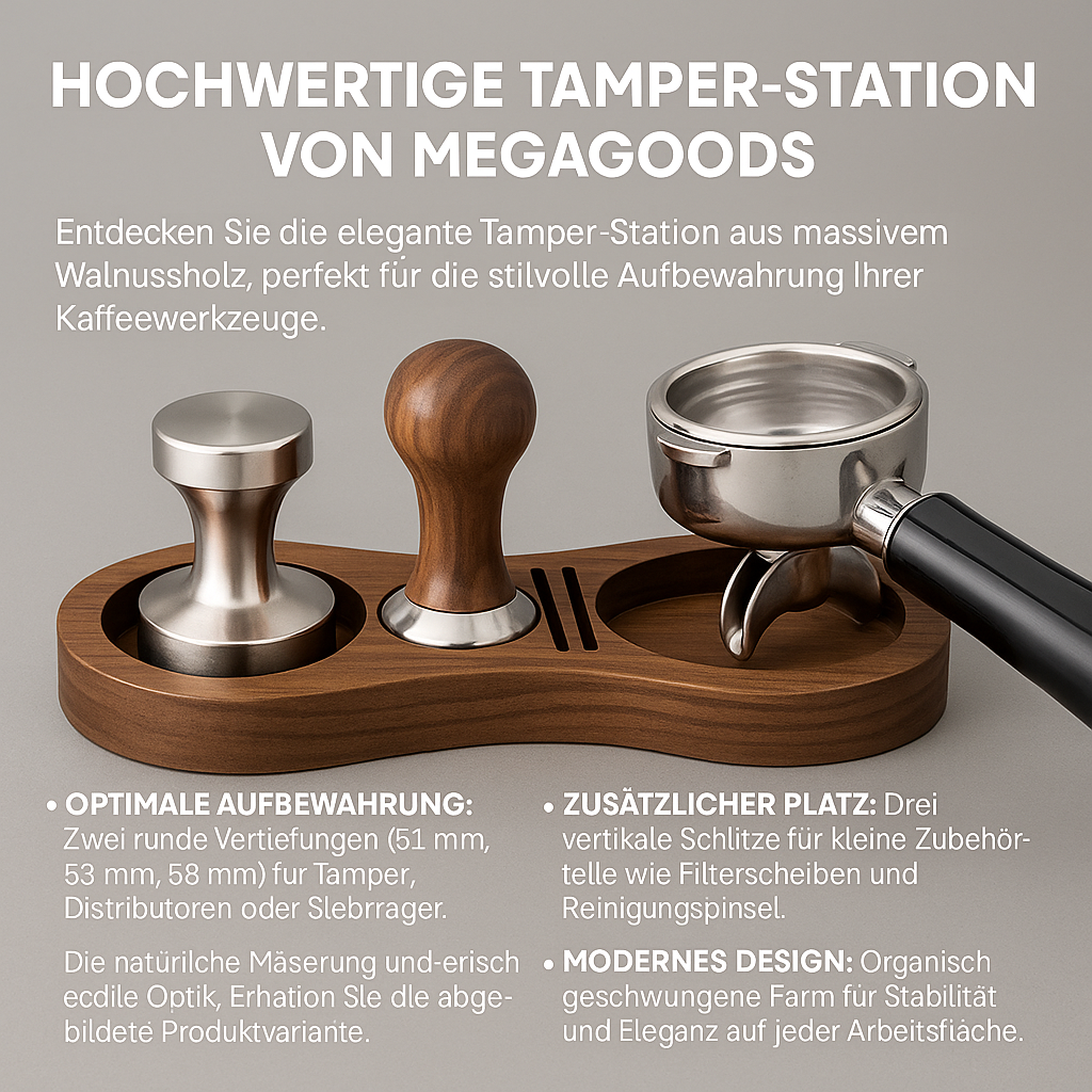 Kaffeetamper Station Walnuss Holz Ø51–58 mm mit Siebträgerhalter DE.