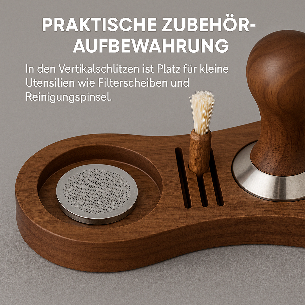 Kaffeetamper Station Walnuss Holz Ø51–58 mm mit Siebträgerhalter DE.