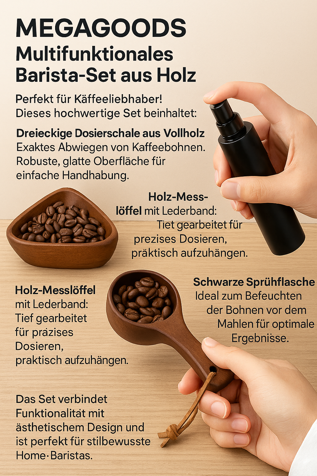 Barista Set Holz Dosing Cup mit Sprühflasche für Kaffeezubereitung DE.