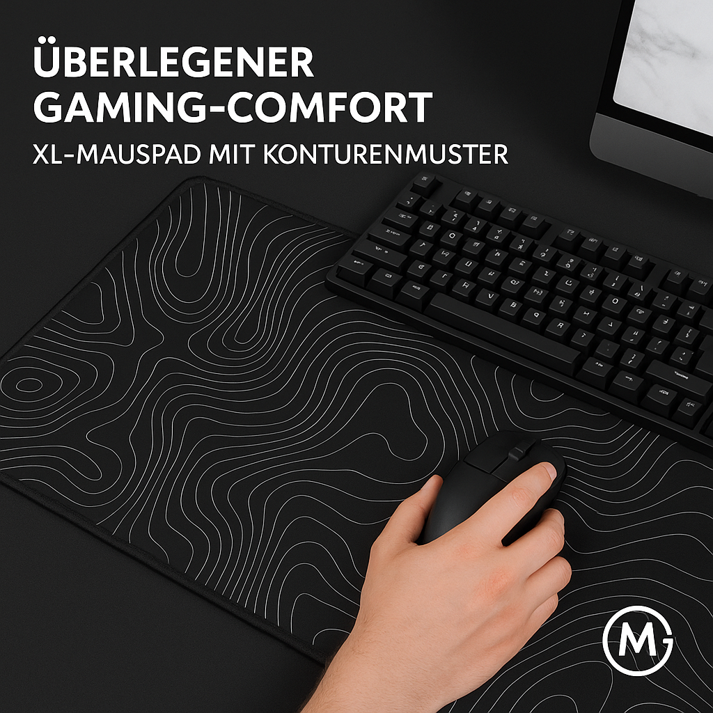 Gaming Mauspad XL 80x30 cm rutschfest Schwarz-Weiß Muster DE.