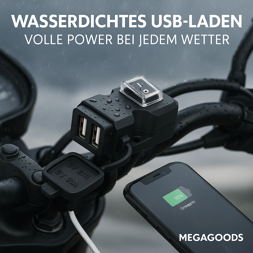 Motorrad USB Ladeadapter 2-Port wasserdicht mit Spiegelhalterung DE.