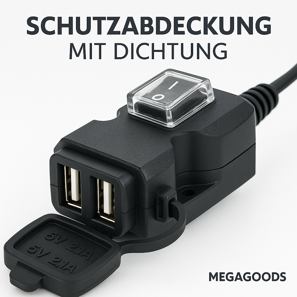 Motorrad USB Ladeadapter 2-Port wasserdicht mit Spiegelhalterung DE.