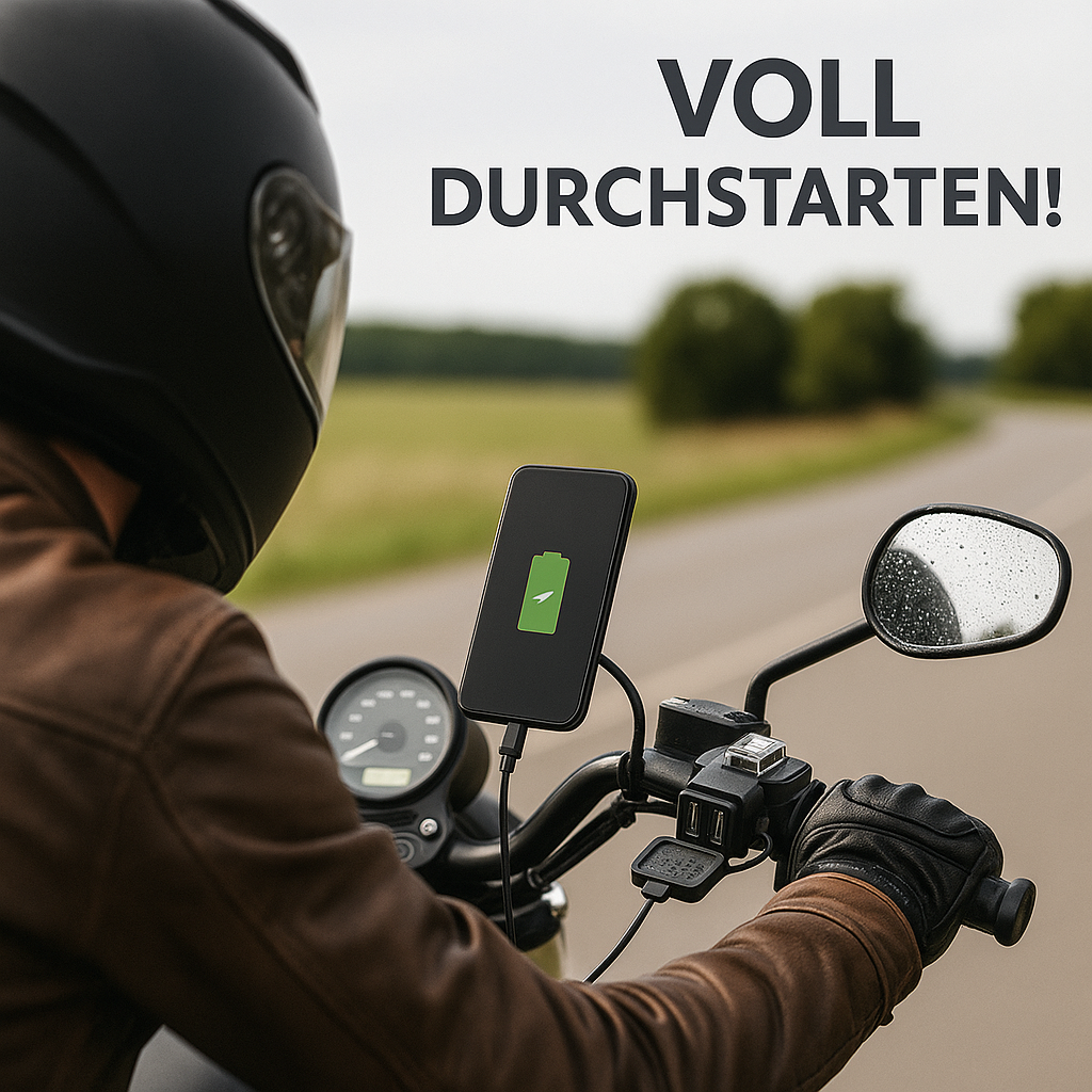 Motorrad USB Ladeadapter 2-Port wasserdicht mit Spiegelhalterung DE.