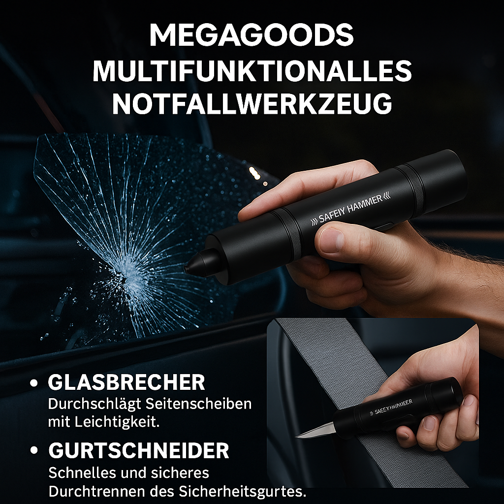 Notfallhammer Auto Sicherheitswerkzeug mit Gurtschneider Glasbrecher DE.