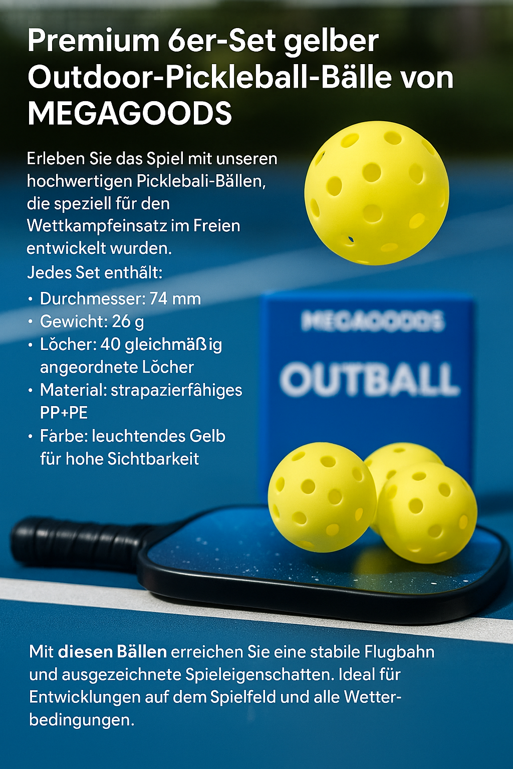 Pickleball Bälle Outdoor 74 mm 40 Loch 6er Set Turnierqualität 26 g DE.