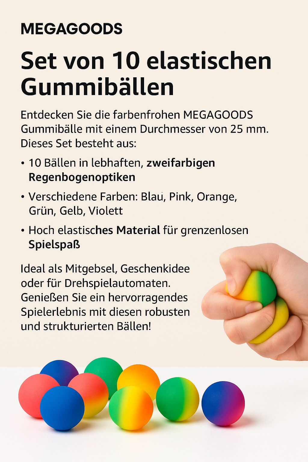 Gummiball Set 25 mm bunt 10 Stück Springball Twistball Kinder DE.