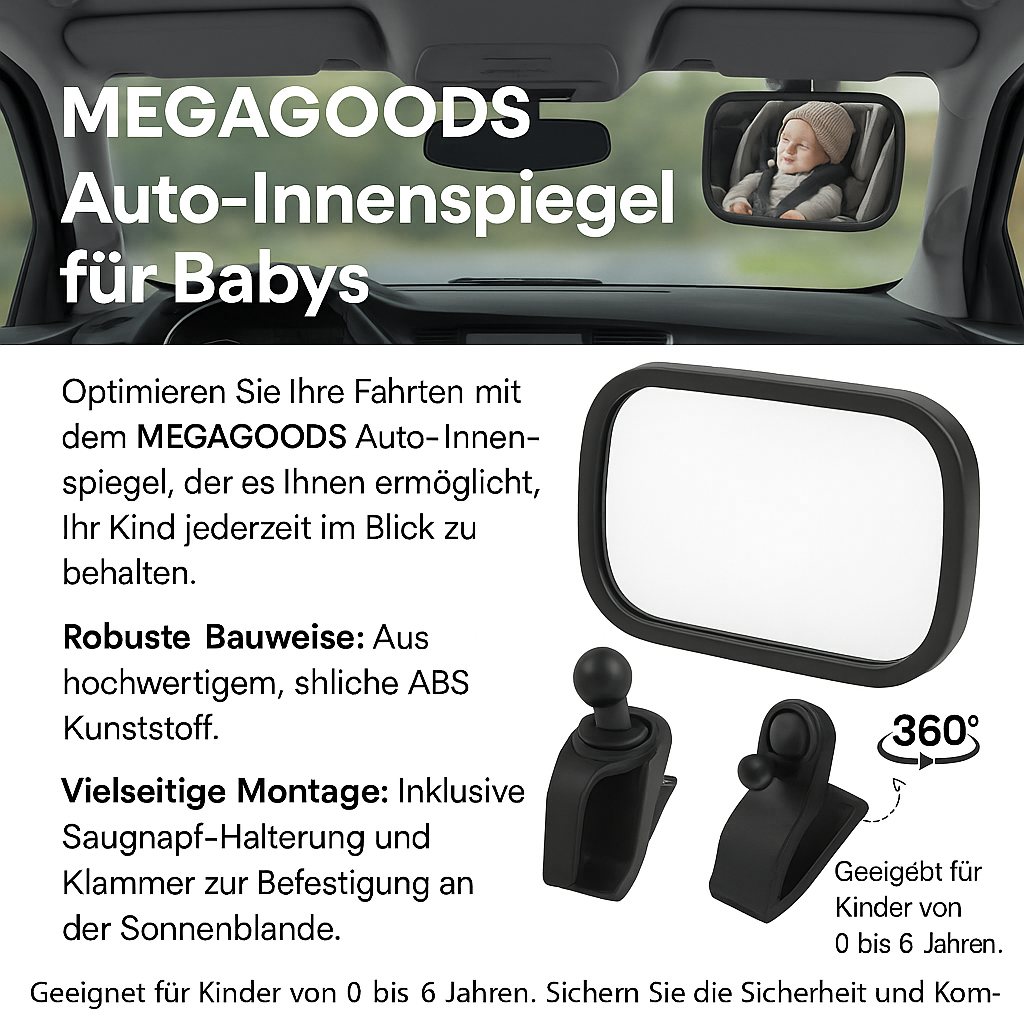 Baby Rücksitzspiegel drehbar 360° mit Saugnapf für Auto Innenraum DE.