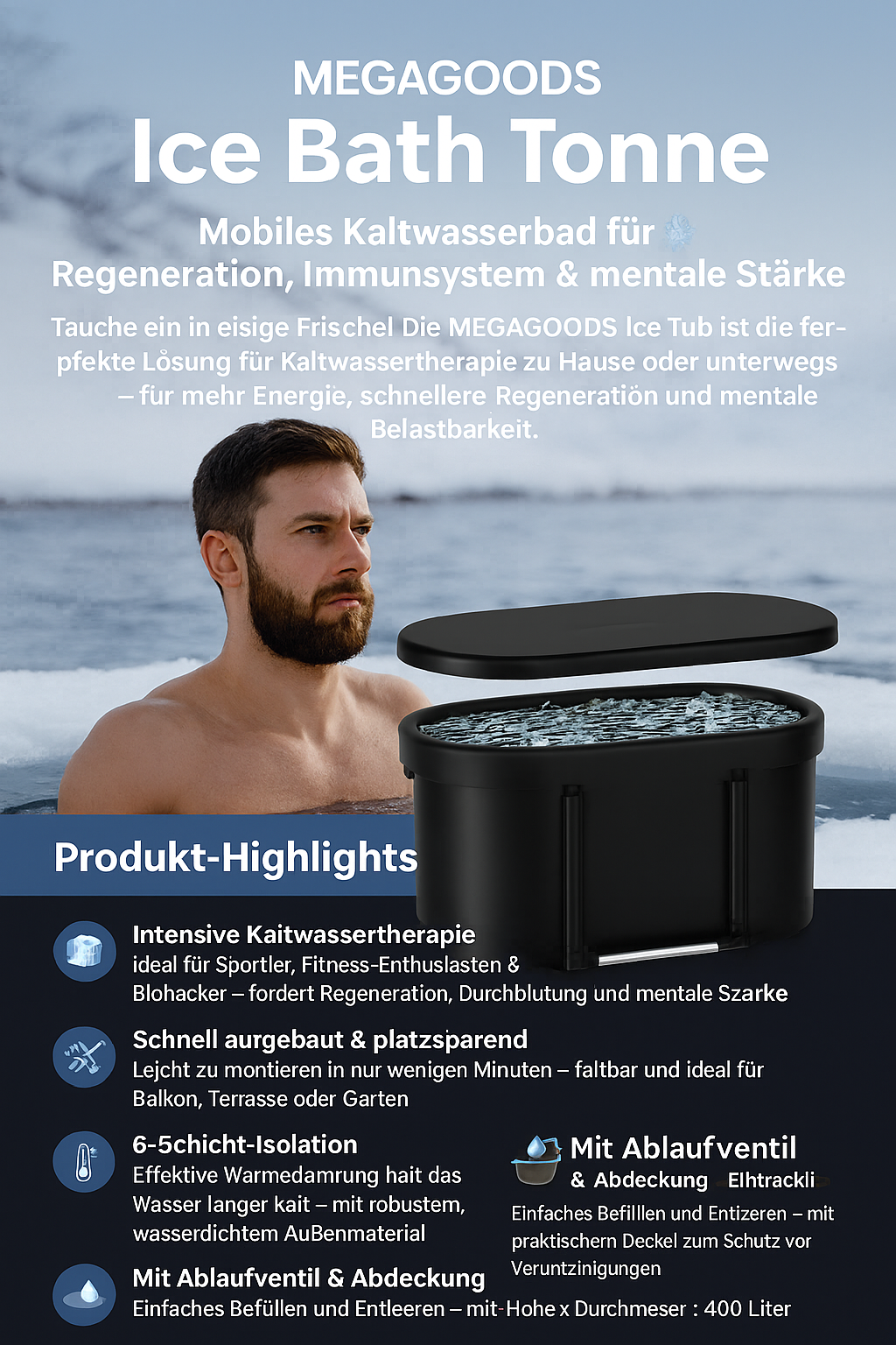 Eistonne für Athleten faltbar Outdoor Kältetherapie Badefass DE.