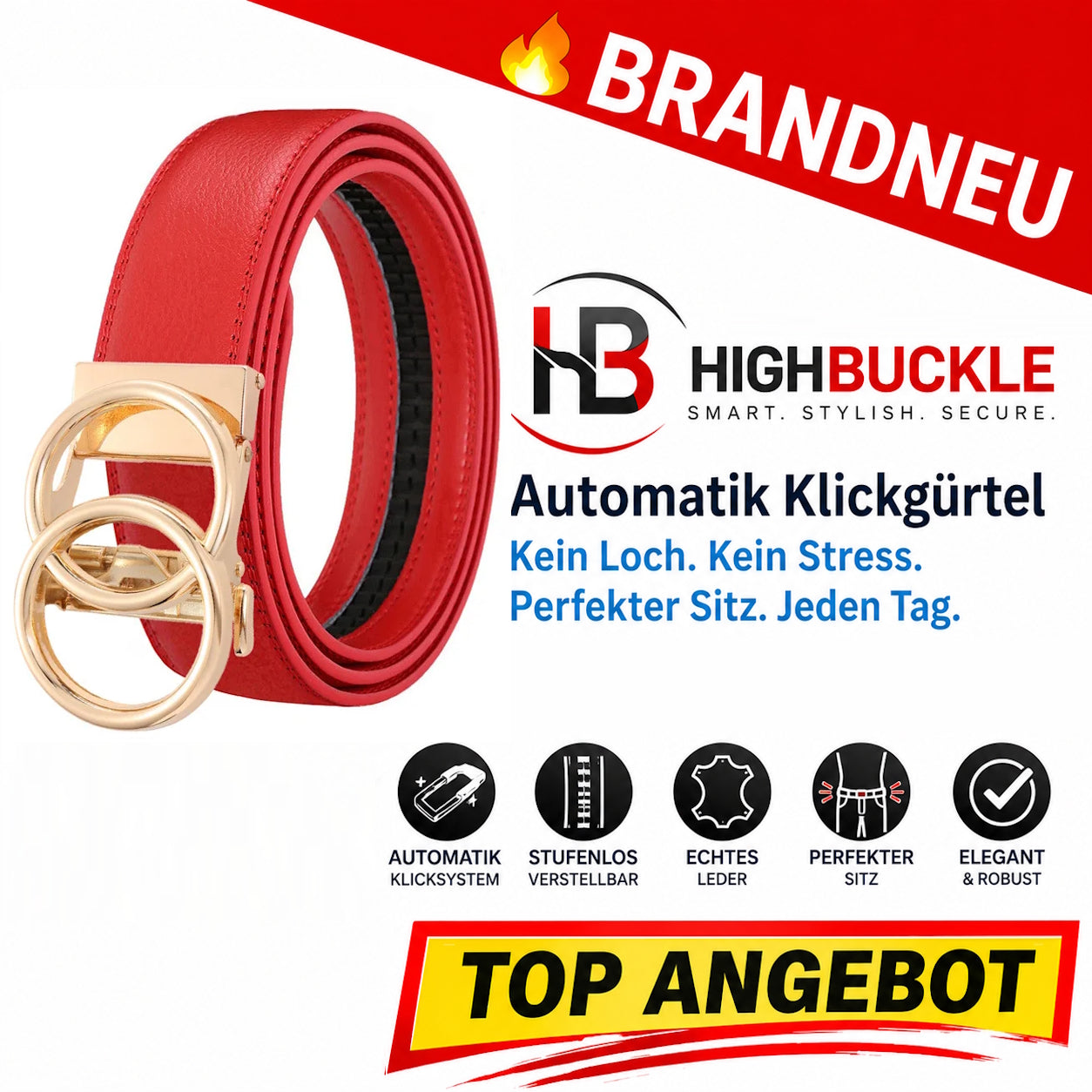 Highbuckle™ Damen Automatik Gürtel Leder Klickgürtel Ohne Löcher verstellbar