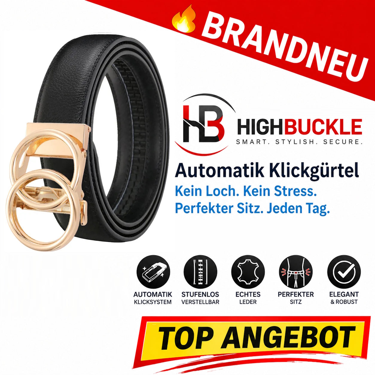 Highbuckle™ Damen Automatik Gürtel Leder Klickgürtel Ohne Löcher verstellbar