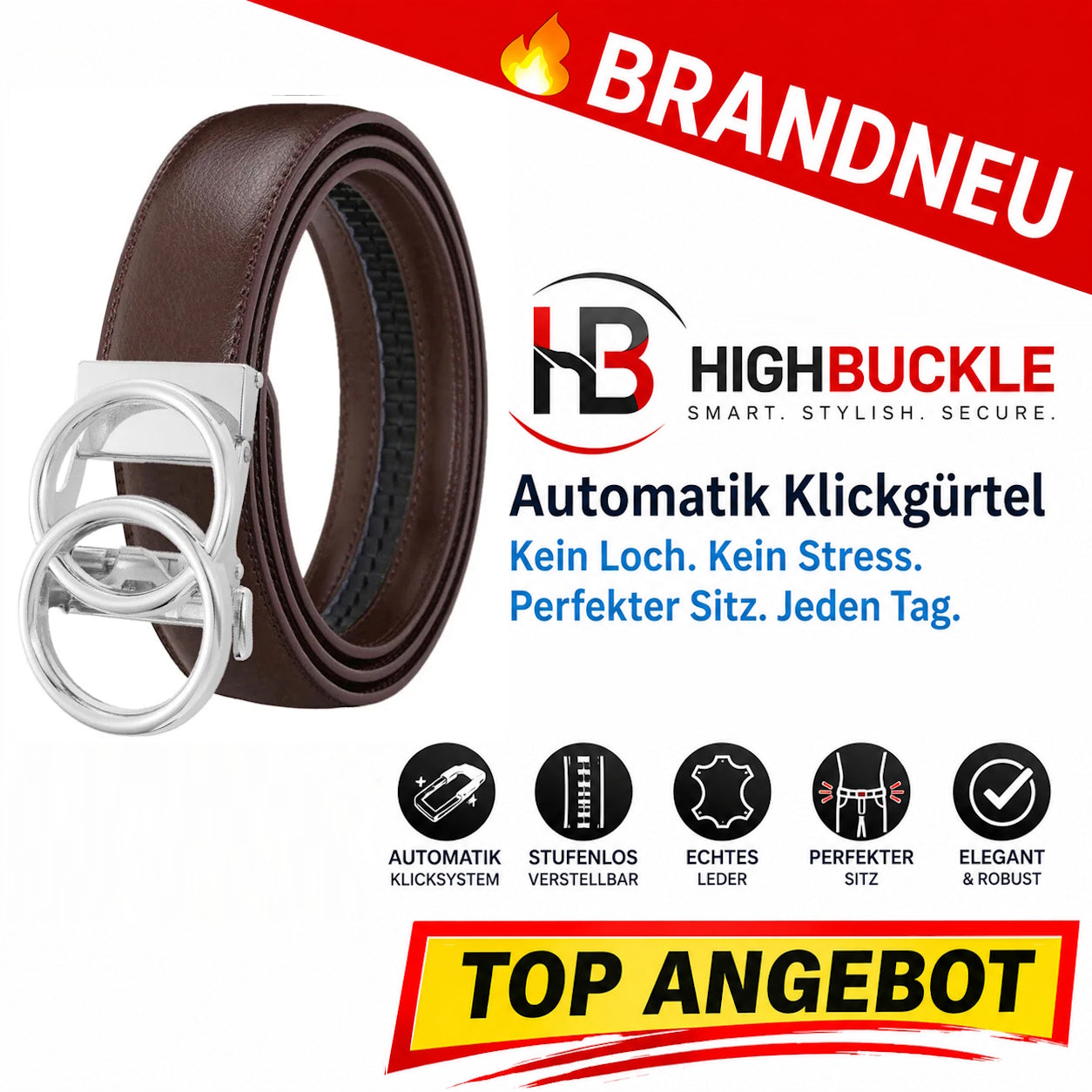 Highbuckle™ Damen Automatik Gürtel Leder Klickgürtel Ohne Löcher verstellbar