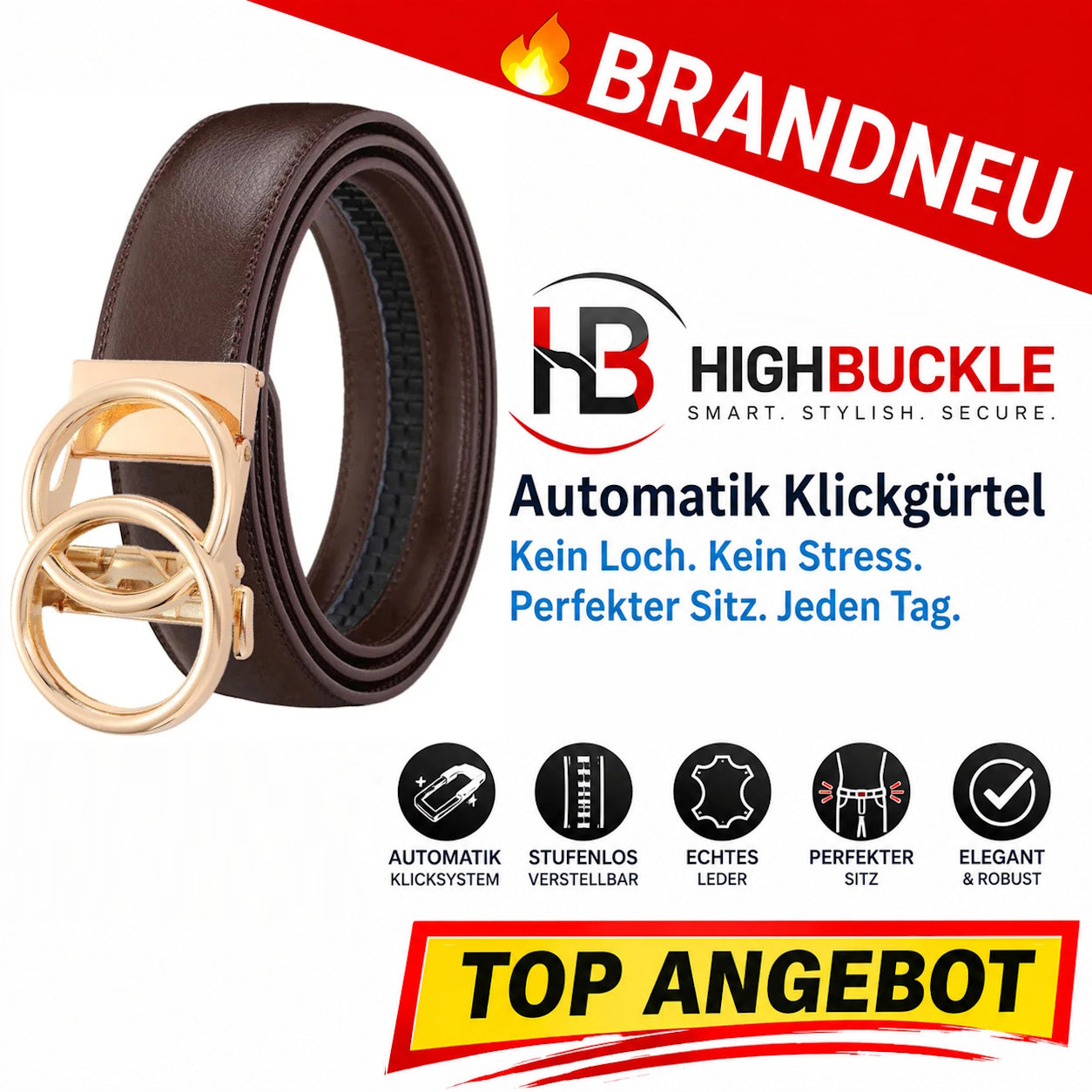 Highbuckle™ Damen Automatik Gürtel Leder Klickgürtel Ohne Löcher verstellbar