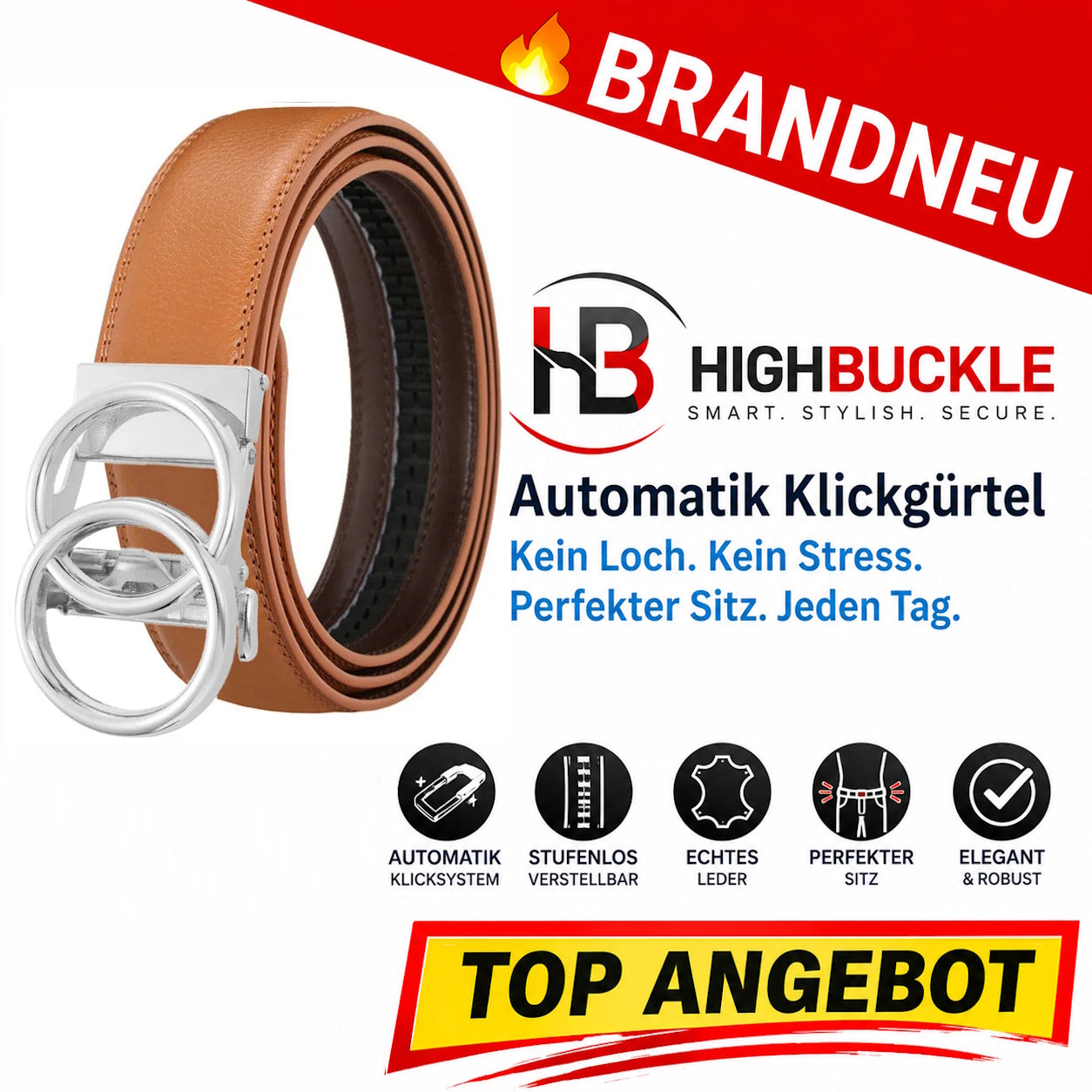Highbuckle™ Damen Automatik Gürtel Leder Klickgürtel Ohne Löcher verstellbar