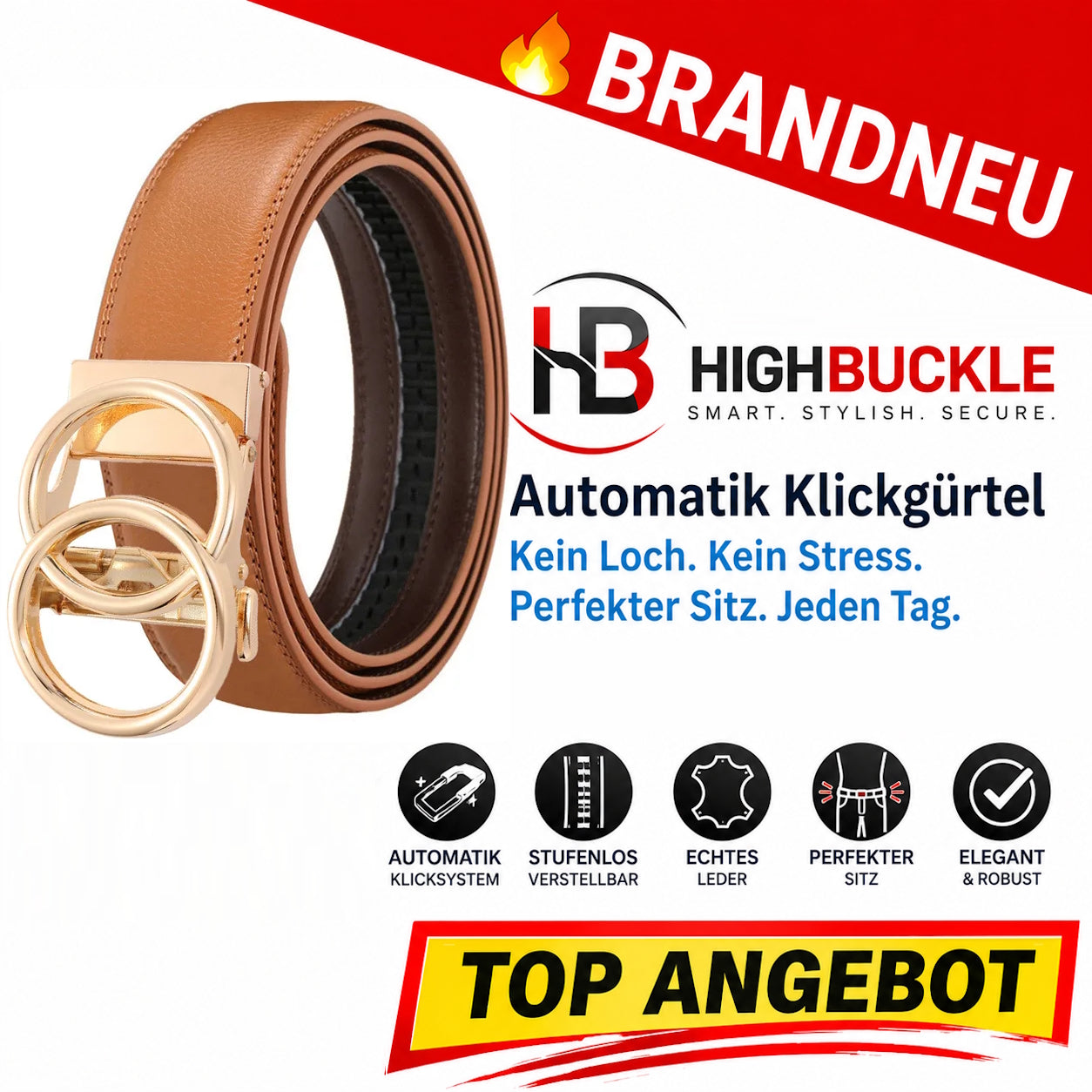 Highbuckle™ Damen Automatik Gürtel Leder Klickgürtel Ohne Löcher verstellbar