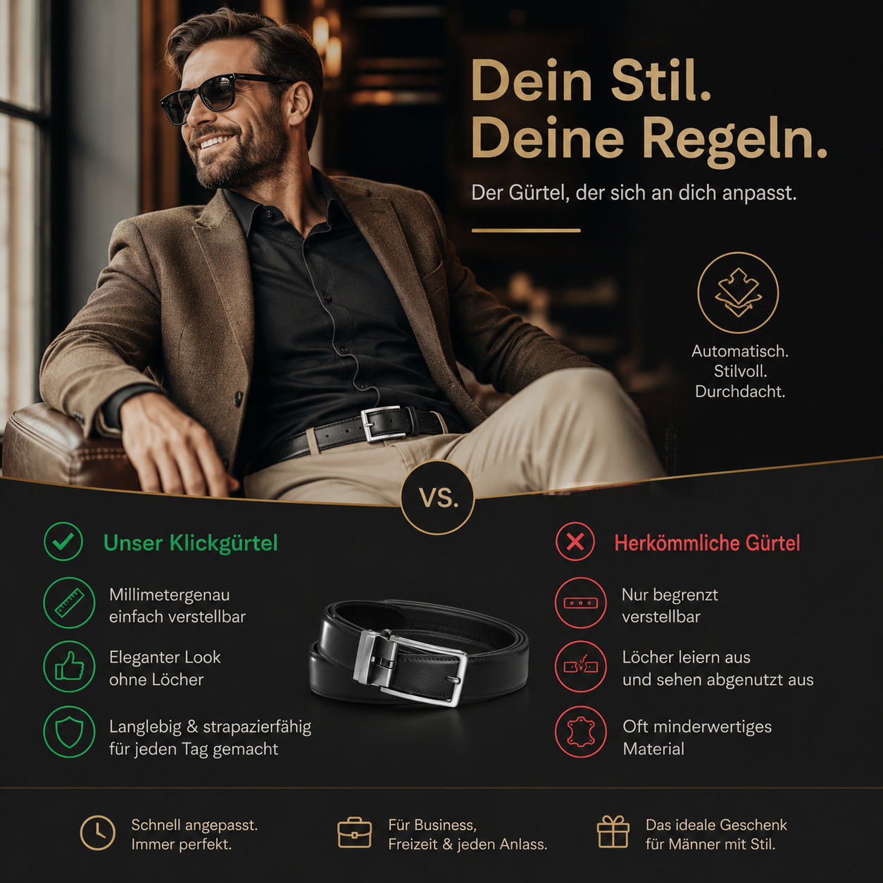 Highbuckle™ Herren Automatik Gürtel Leder Klickgürtel Ohne Löcher verstellbar