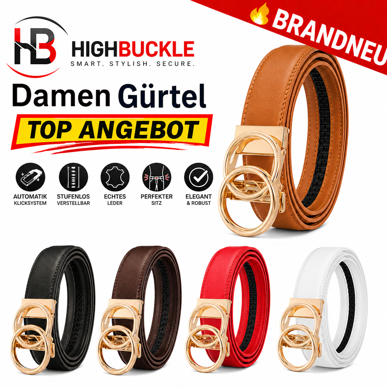 Highbuckle™ Damen Automatik Gürtel Leder Klickgürtel Ohne Löcher verstellbar