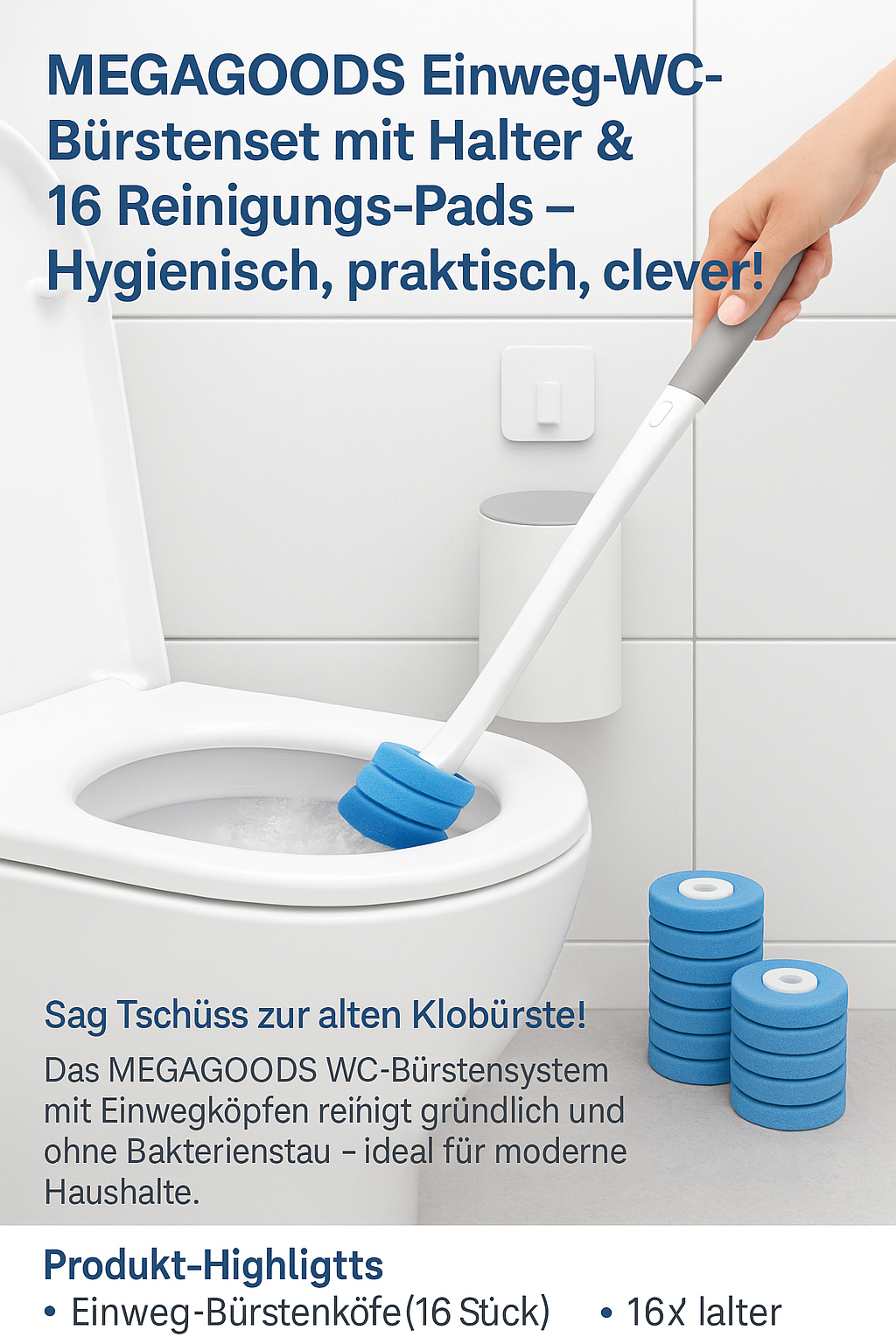 24er WC-Bürsten Set mit Einwegköpfen und langem Griff DE.